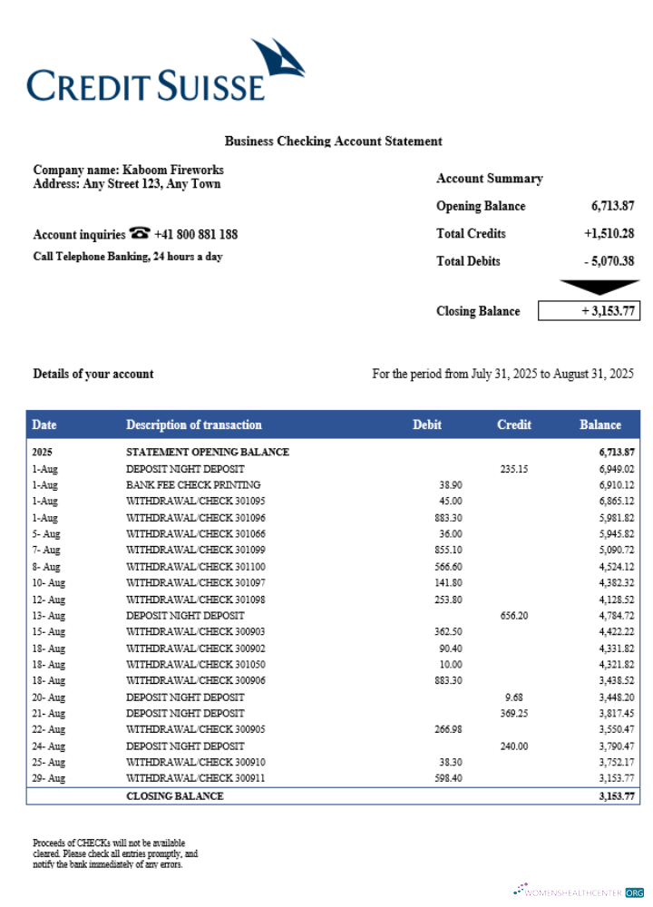 Download Swiss Credit Suisse company checking account statement Word and PDF template Photoshop template